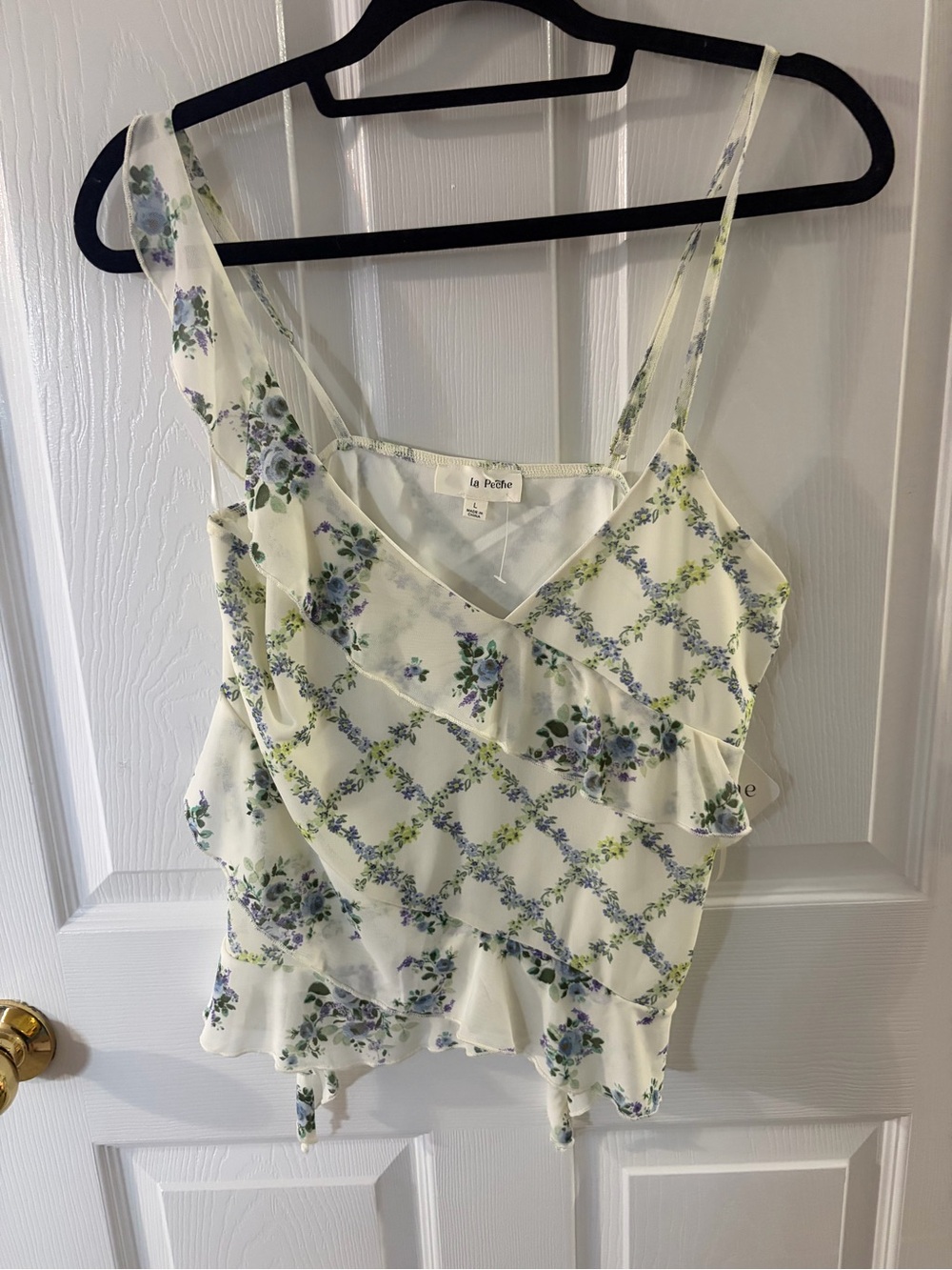 Floral Ruffle V-Neck Cami in Cream and Lavender